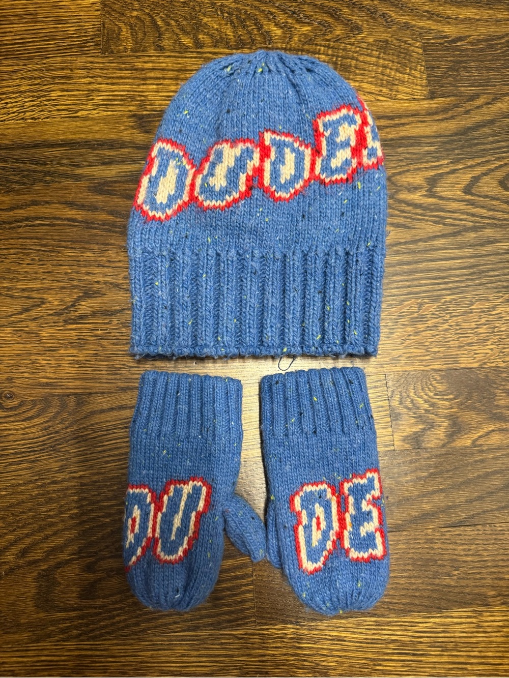 GAP Blue Knit Beanie and Mittens Set with 'DUDE' Accent
